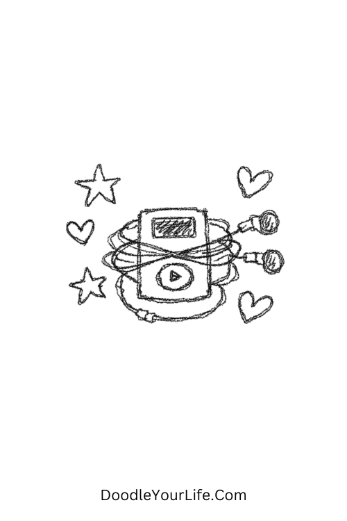 A doodle of tiny MP3 player with earbuds and stars, y2k sticker doodles