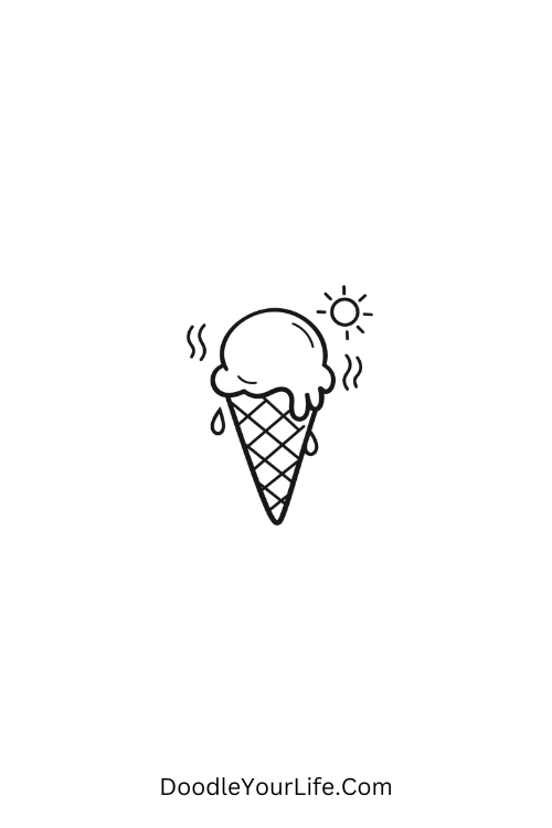 A doodle of a melting ice cream cone with dripping scoop, summer June doodles