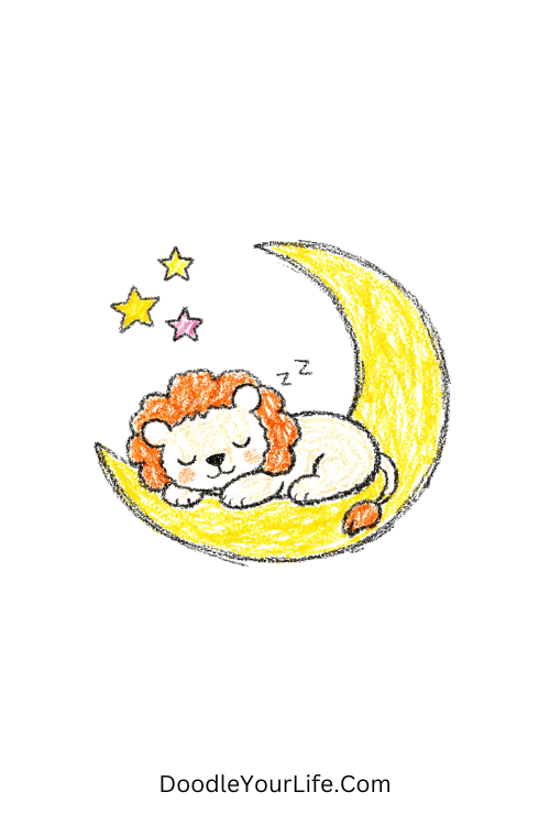 Sleeping lion resting on crescent moon, easy lion drawing coloring page printable