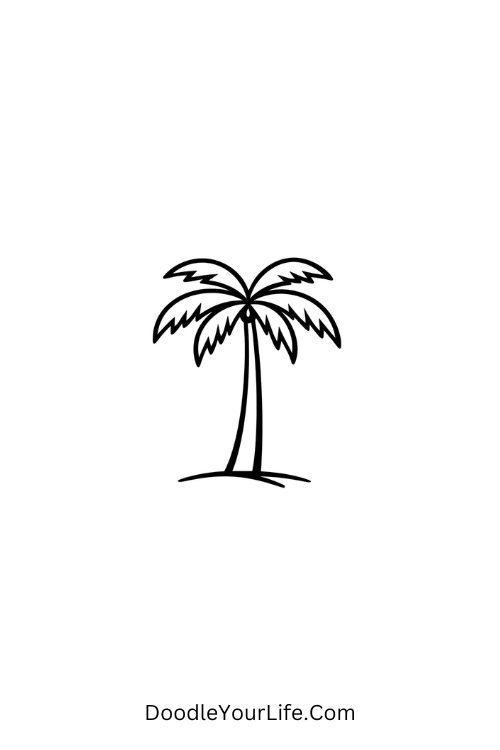 A doodle of a tall palm tree silhouette with curved leaves, aesthetic June doodles