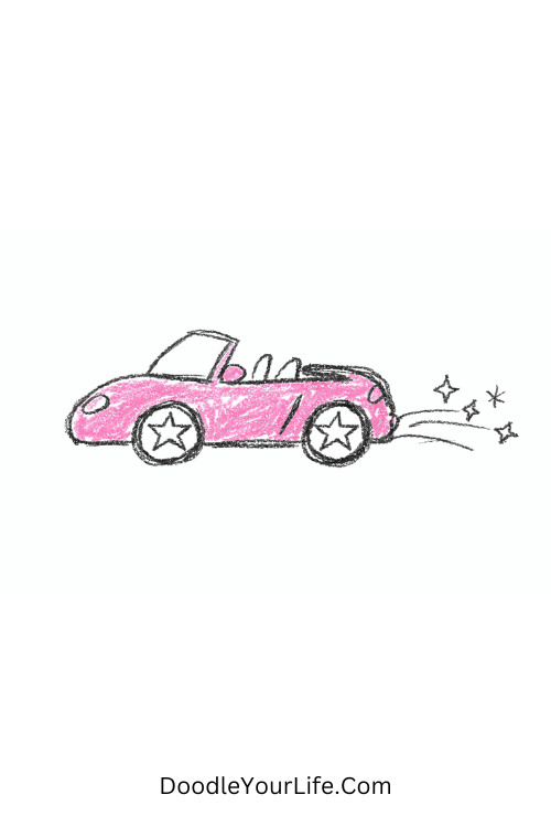 A doodle of pink convertible car with star wheels and sparkles, y2k doodles easy