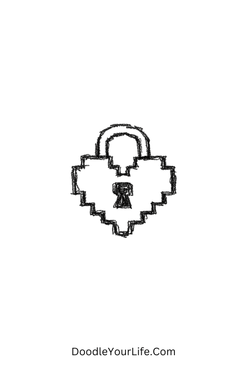 A doodle of pixel heart lock in digital style design, y2k glitch art doodles