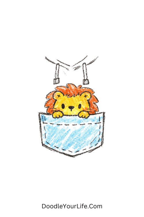 Tiny lion peeking from hoodie pocket, easy cartoon lion drawing tutorial