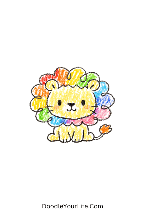 Happy rainbow mane lion with colorful curls, how to draw a lion easy cute style for kids