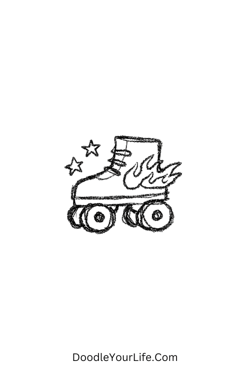 A doodle of roller skate with stars and flames design, easy y2k doodles