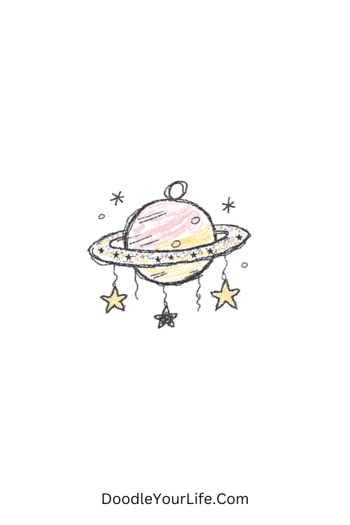 A doodle of Saturn planet with glitter rings and charm, y2k doodle ideas