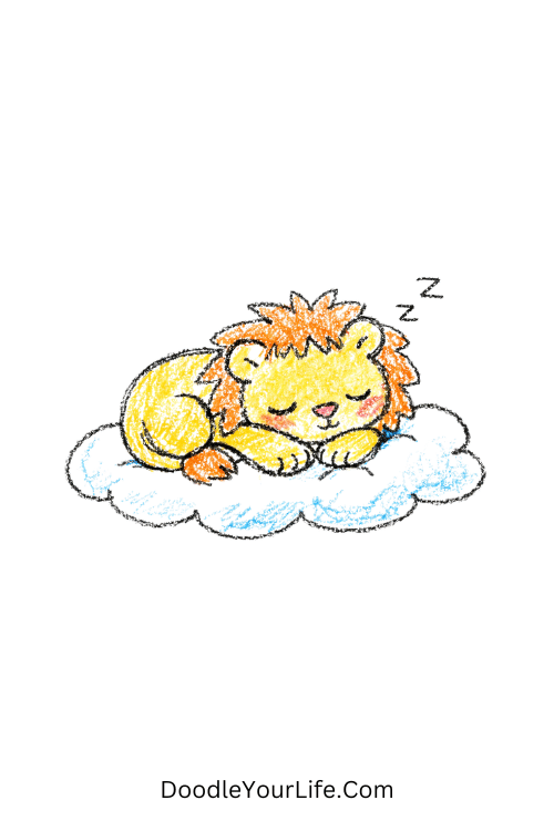 Sleeping baby lion curled peacefully on soft cloud, easy baby lion drawing for kids