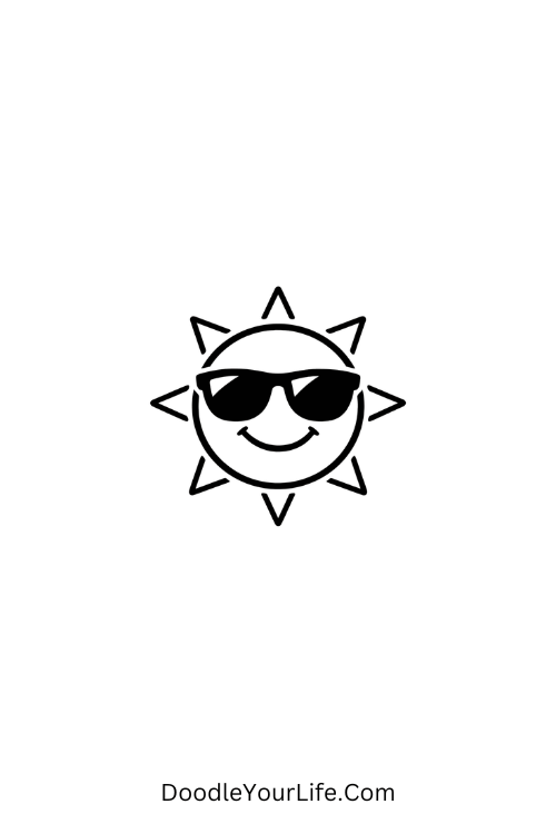 A doodle of a smiling sun wearing sunglasses in a simple round style, cute June doodles