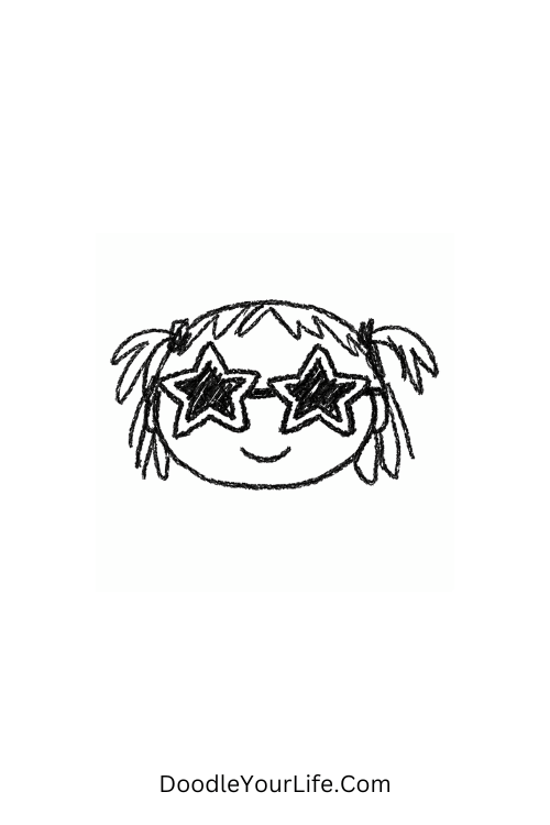 A doodle of face with star sunglasses and cool vibe, y2k aesthetic doodles