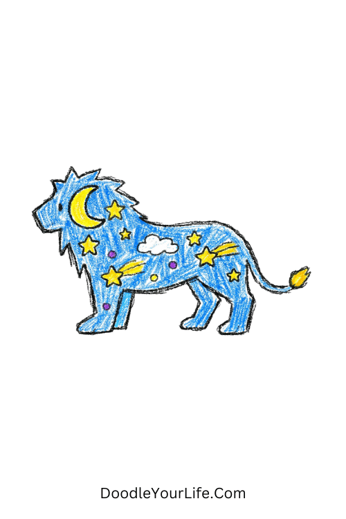 Calm lion filled with stars and moon textures, easy lion drawing with pencil shading