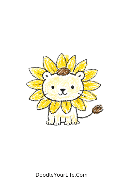 Bright sunflower mane lion with happy expression, easy lion drawing for kids with colour
