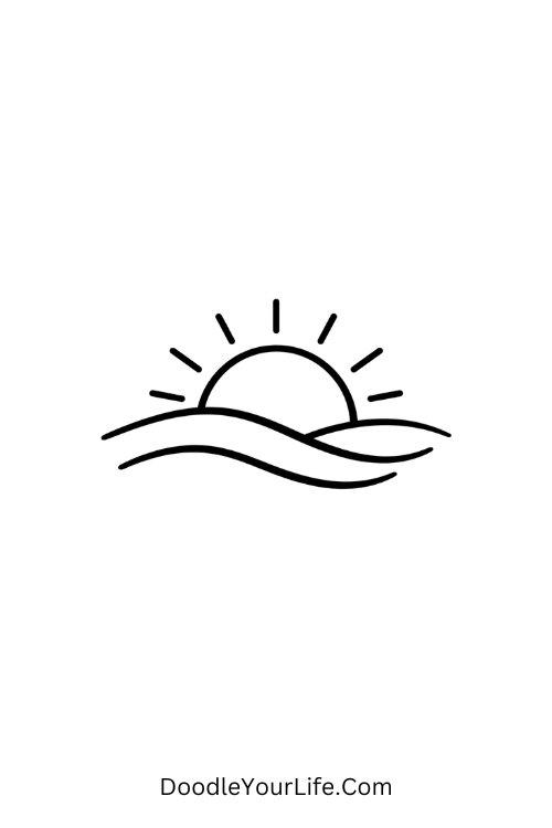 A doodle of a sun rising over calm waves, June doodle coloring pages