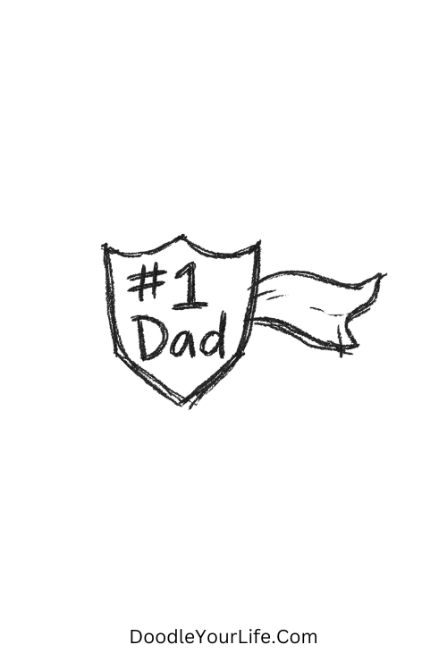 A doodle of shield badge with #1 Dad and cape, Father's Day doodles easy