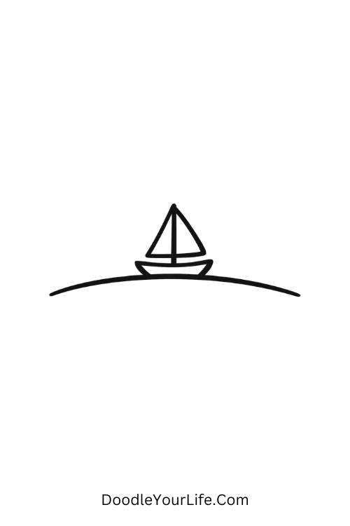 A doodle of a small sailboat on curved water lines, easy step by step June doodles