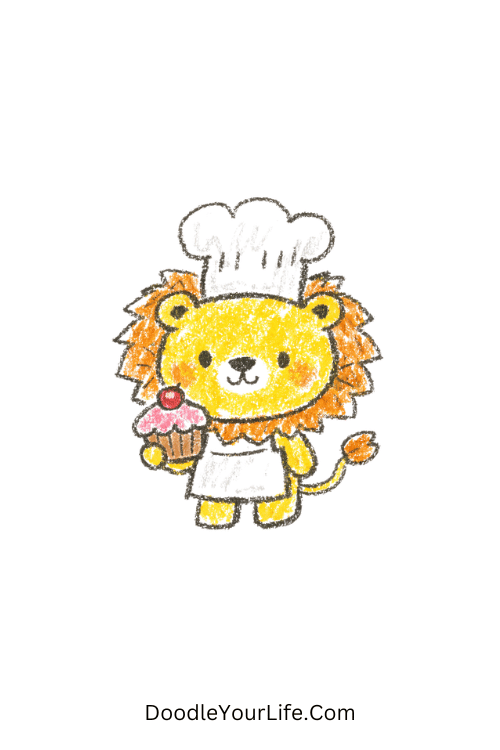 Cute chef lion wearing hat holding cupcake, lion drawing outline printable easy